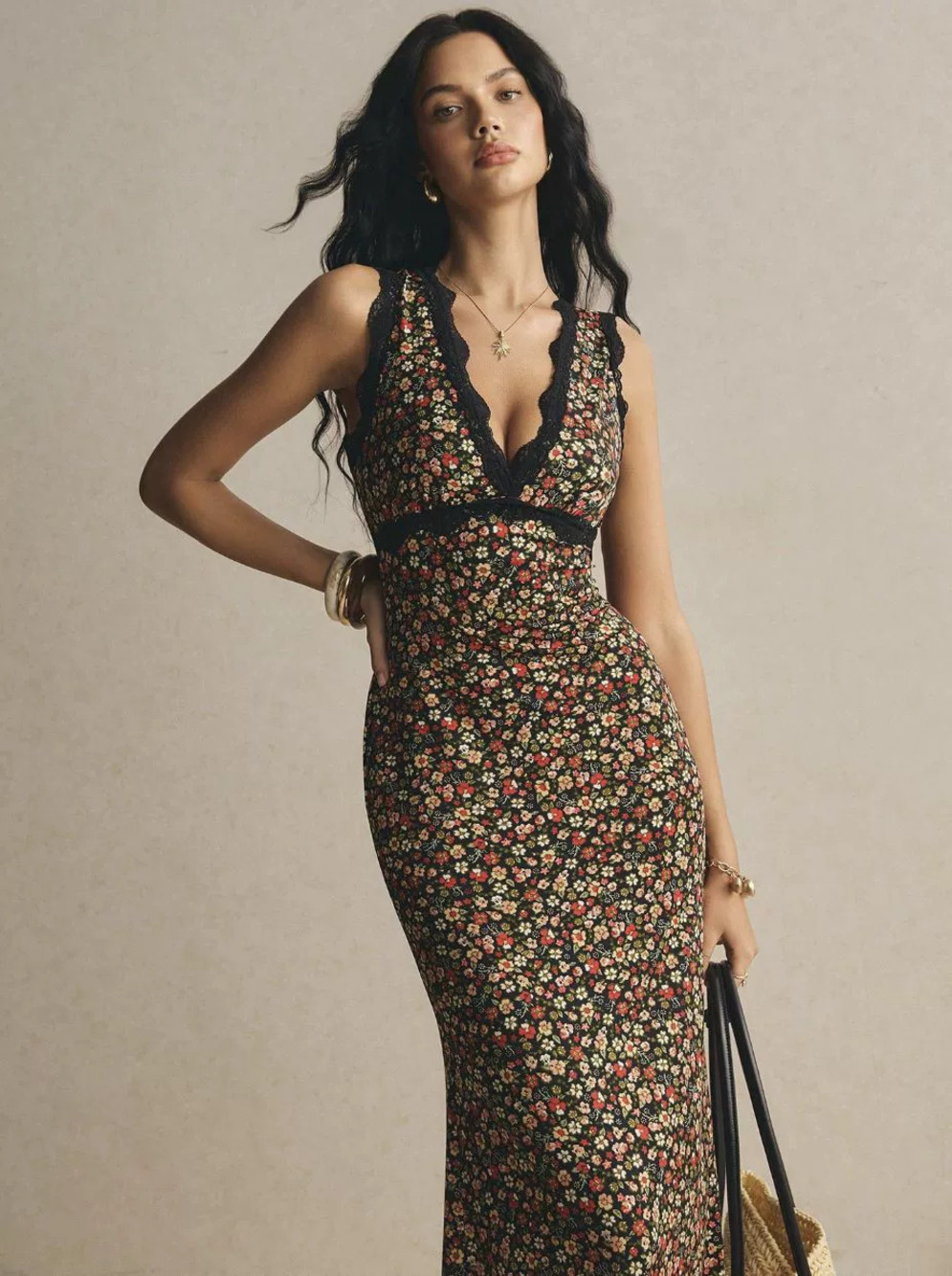 ZARA Floral Print Long Spaghetti Strap Lace Dress - Picture 4 of 6